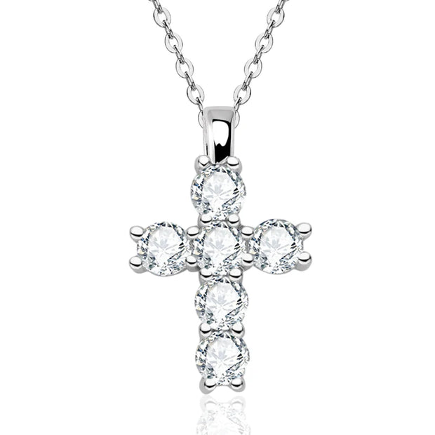 NeeTim 5mm Full Moissanite Diamond Cross Pendant Necklace Original 925 Sterling Silver Plated 18k White Gold Chain for Women