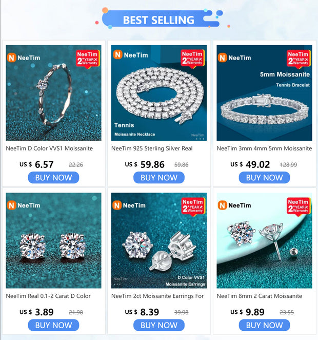 NeeTim Moissanite Stud Earrings for Women S925 Sterling Silver White Gold Plated Diamond Earring Ear Studs Wedding Fine Jewelry