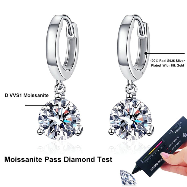 NeeTim 2ct Moissanite Earrings100% S925 Sterling Sliver Orginal Drop Earring Wedding Bride Jewelry with Certificate for Women