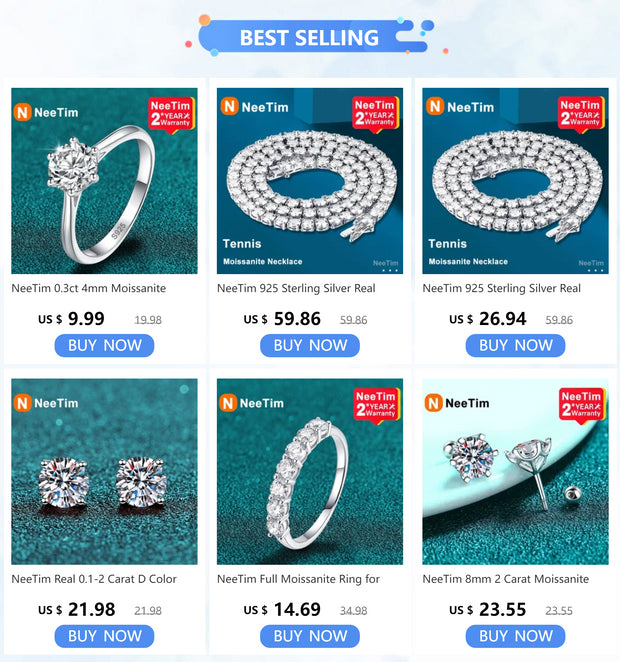 NeeTim 2ct Moissanite Earrings For Women Men Lab Diamond White Gold Plated 925 Sterling Silver Stud Earring Luxury Fine Jewelry