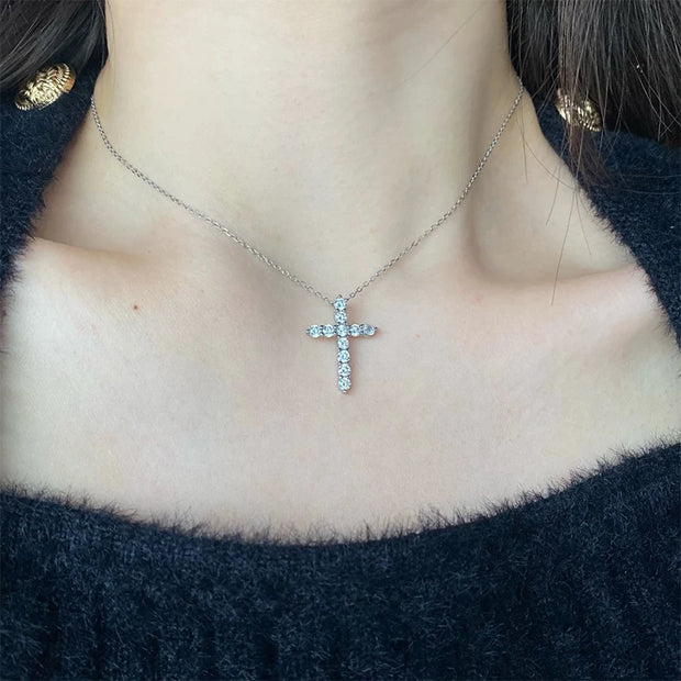 NeeTim 5mm D Color Moissanite Jesus Cross Pendant  for Women Men S925 Silver 18k White Gold Plated Necklace Wedding Jewelry Gift