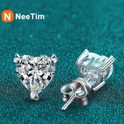 NeeTim D Color Heart Shape Moissanite Stud Earrings for Women Classic Wedding Gift S925 Sterling Silver Ear Studs GRA Certified