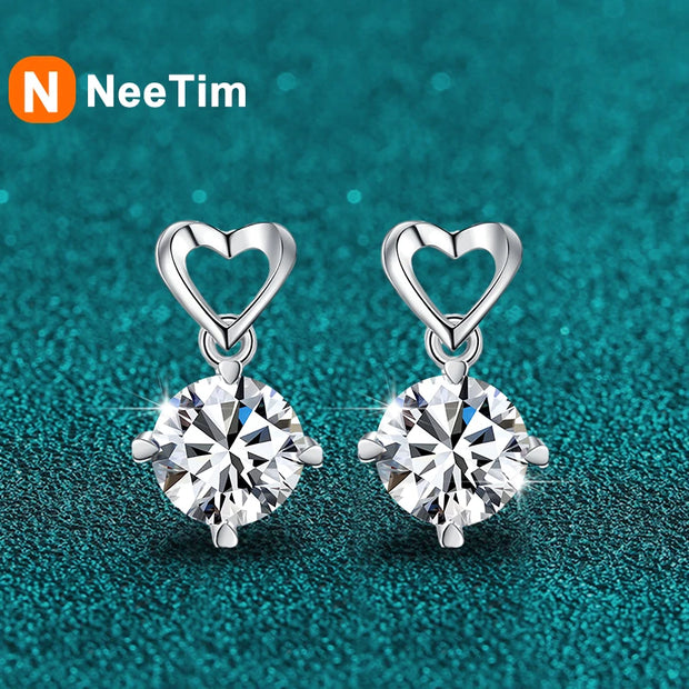 NeeTim 1ct Moissanite Stud Earrings for Women Lab Diamond Drop Heart S925 Solid Silver Wedding Engagement Earring Luxury Jewelry